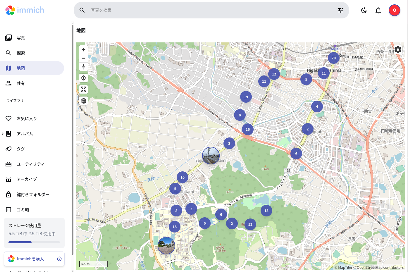 immich webでの地図表示